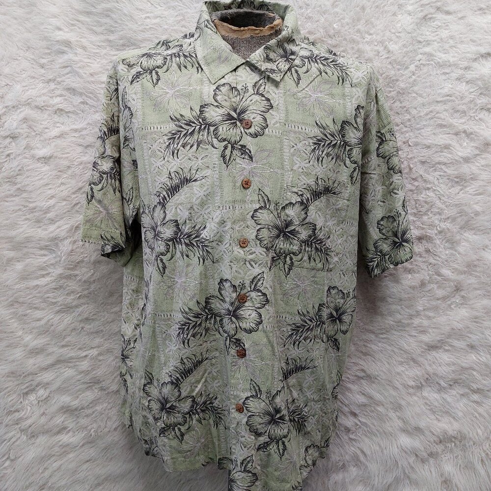 Caribbean Hawaiian Shirt Mens Silk Blend Green Camp Tropical XL